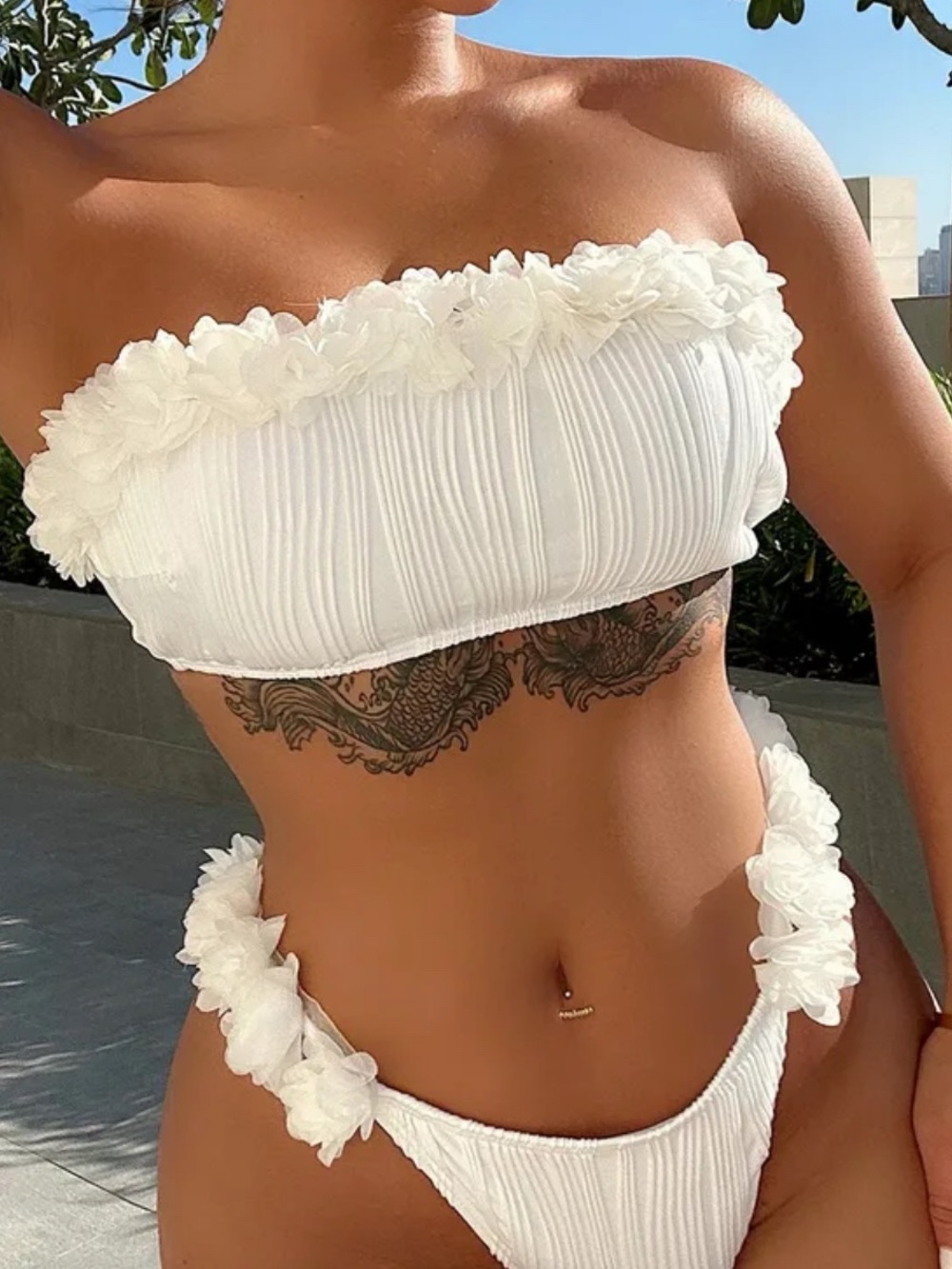 White Floral Bandeau Bikini Set